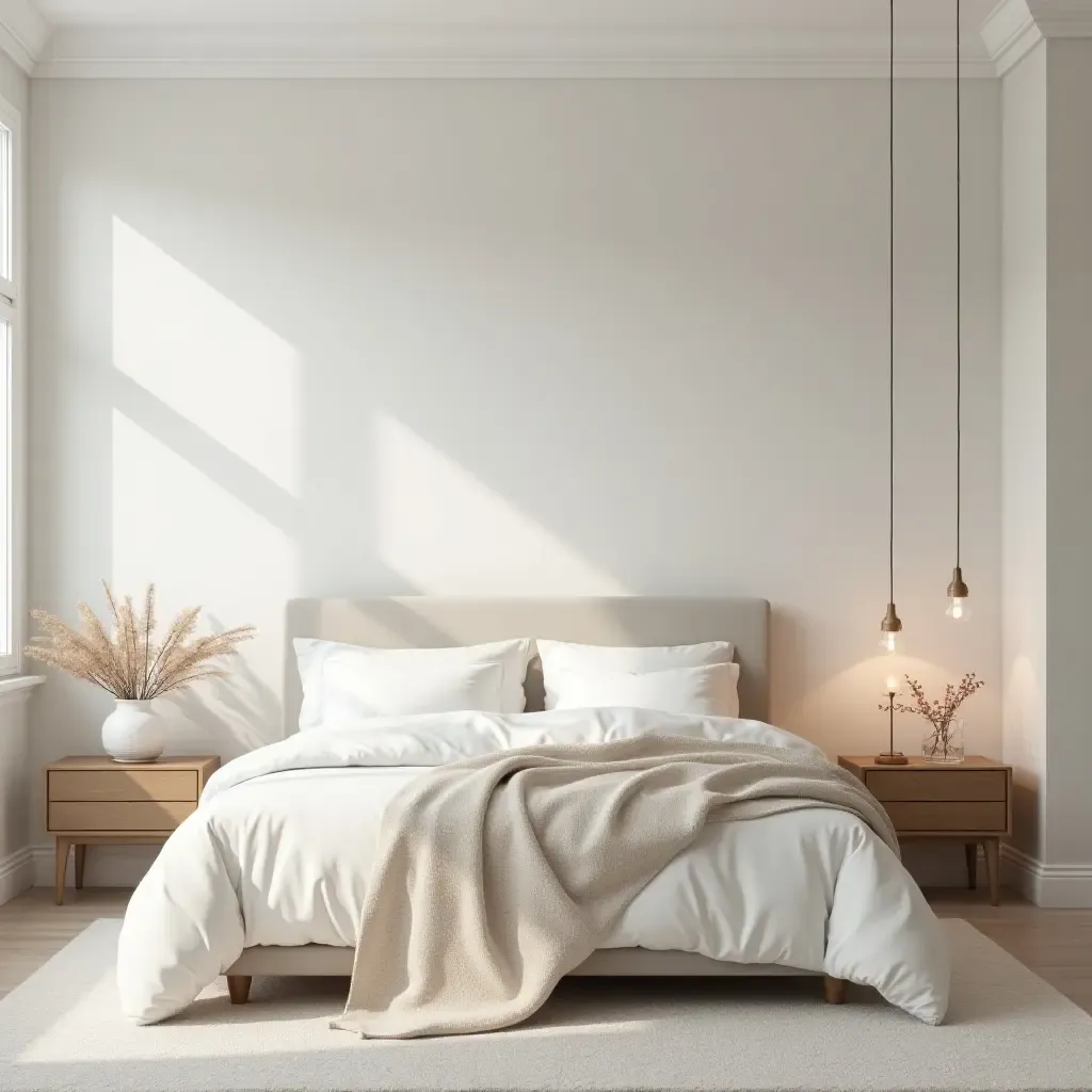 a photo of a serene bedroom with Scandinavian design, featuring a soothing color palette