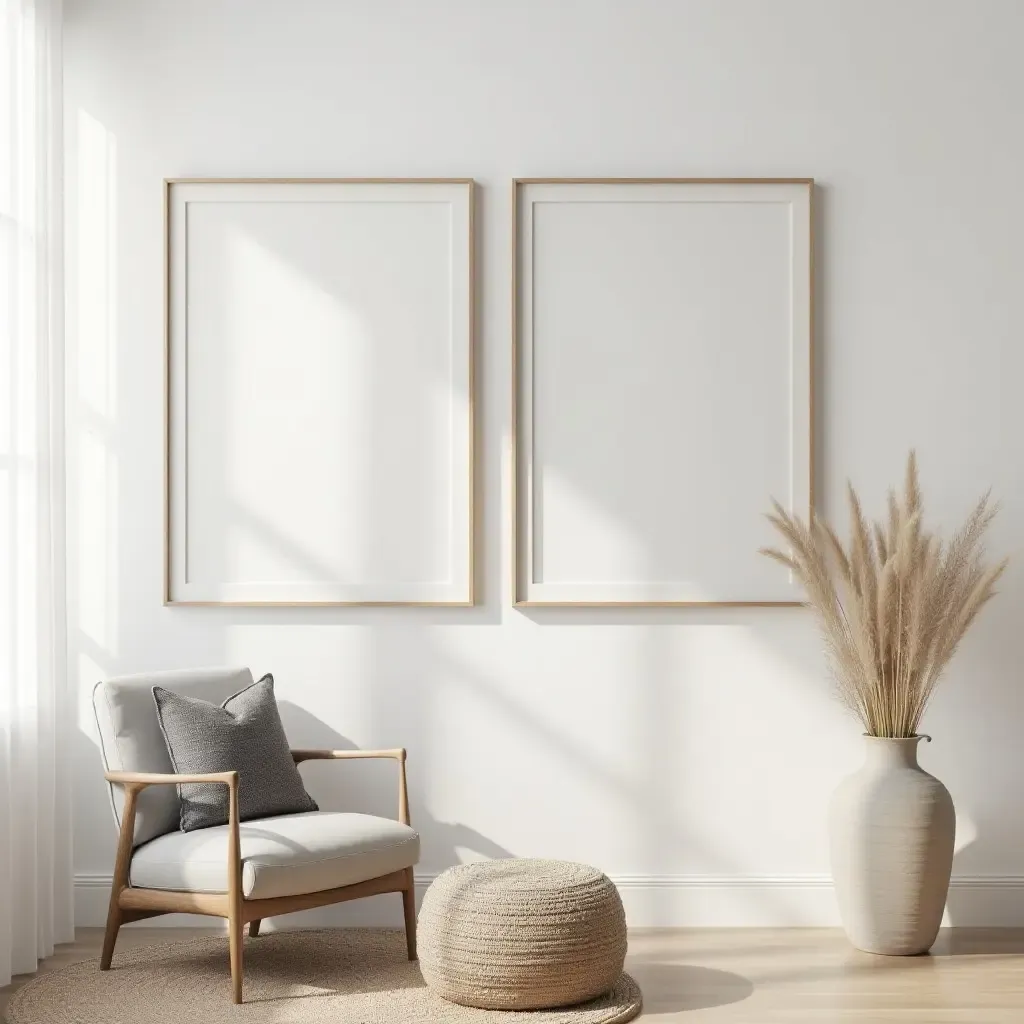 a photo of a gallery wall with oversized art pieces and minimal decor