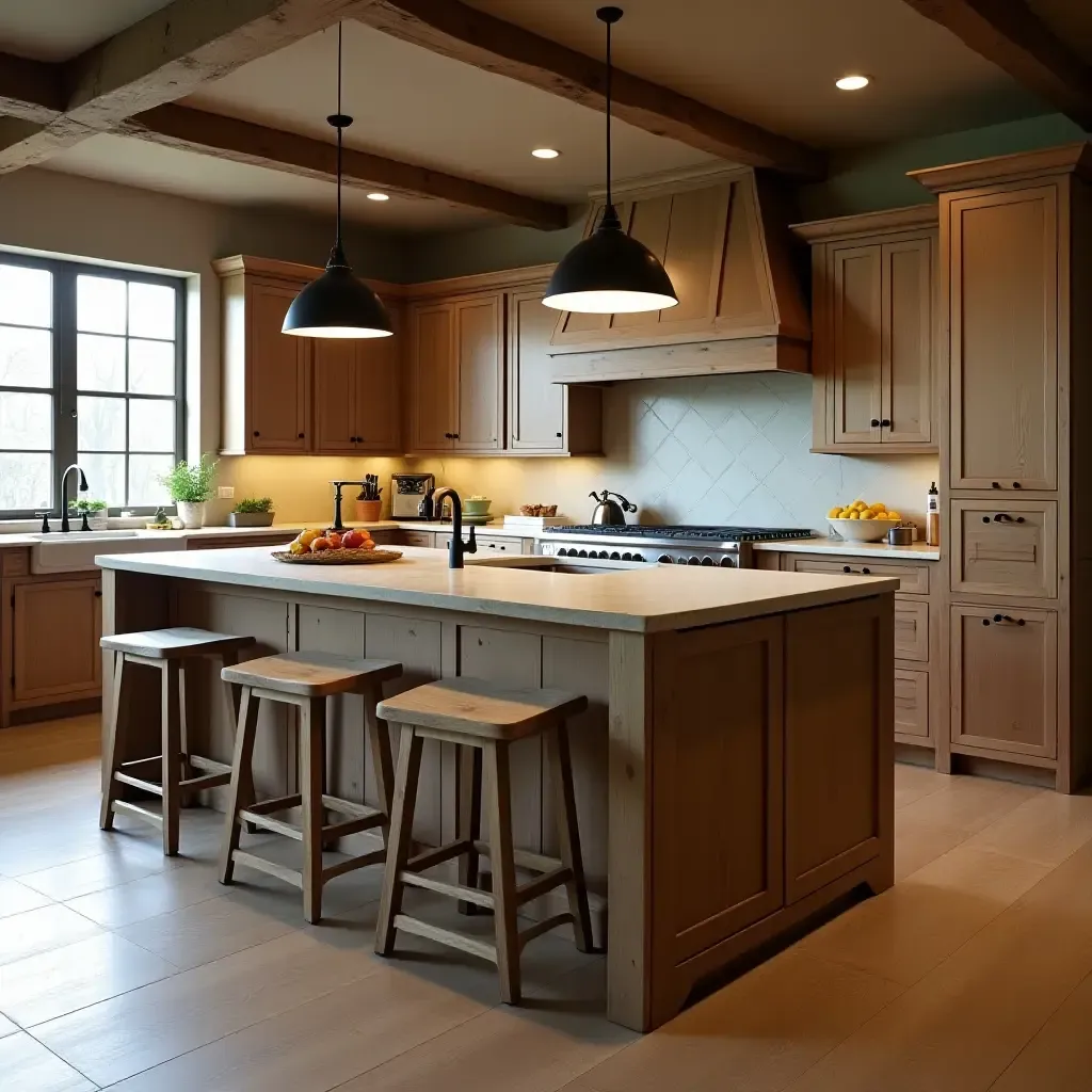 a photo of a rustic wooden kitchen island with bar stools