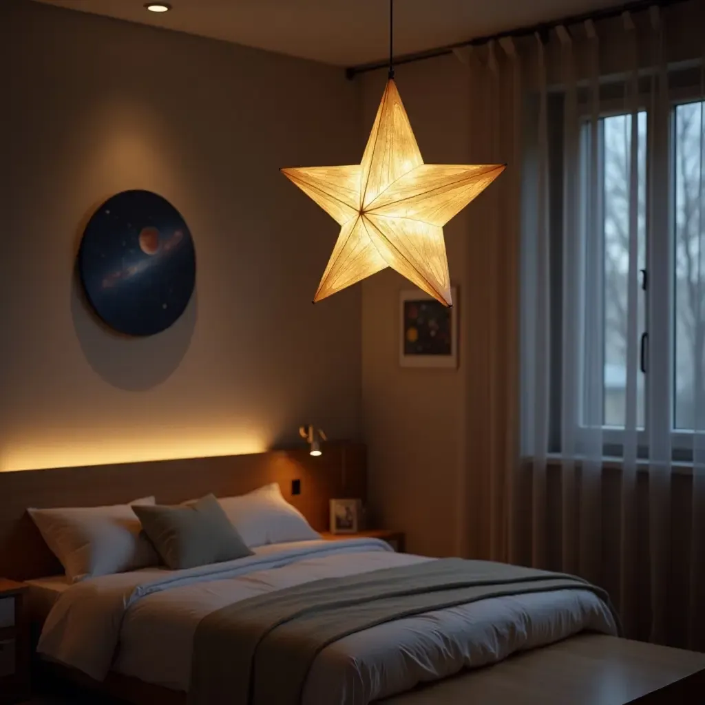 a photo of a star-shaped pendant light illuminating a space-themed bedroom