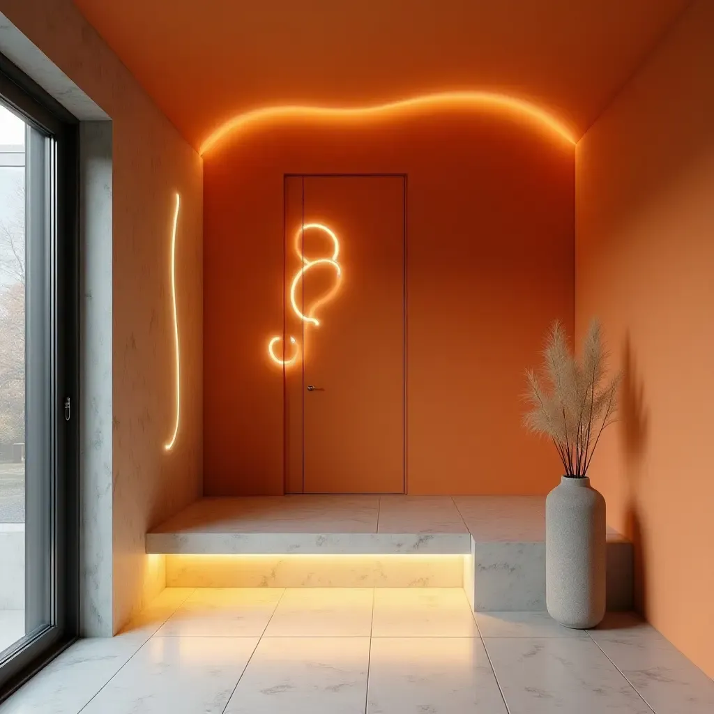 a photo of a cheerful orange and gray entryway featuring unique lighting