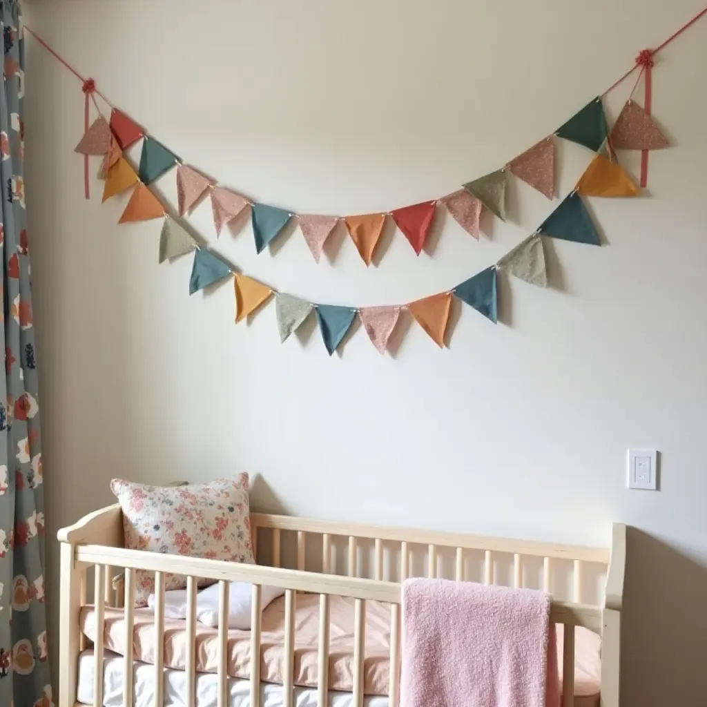 a photo of a nursery gallery wall decorated with colorful bunting