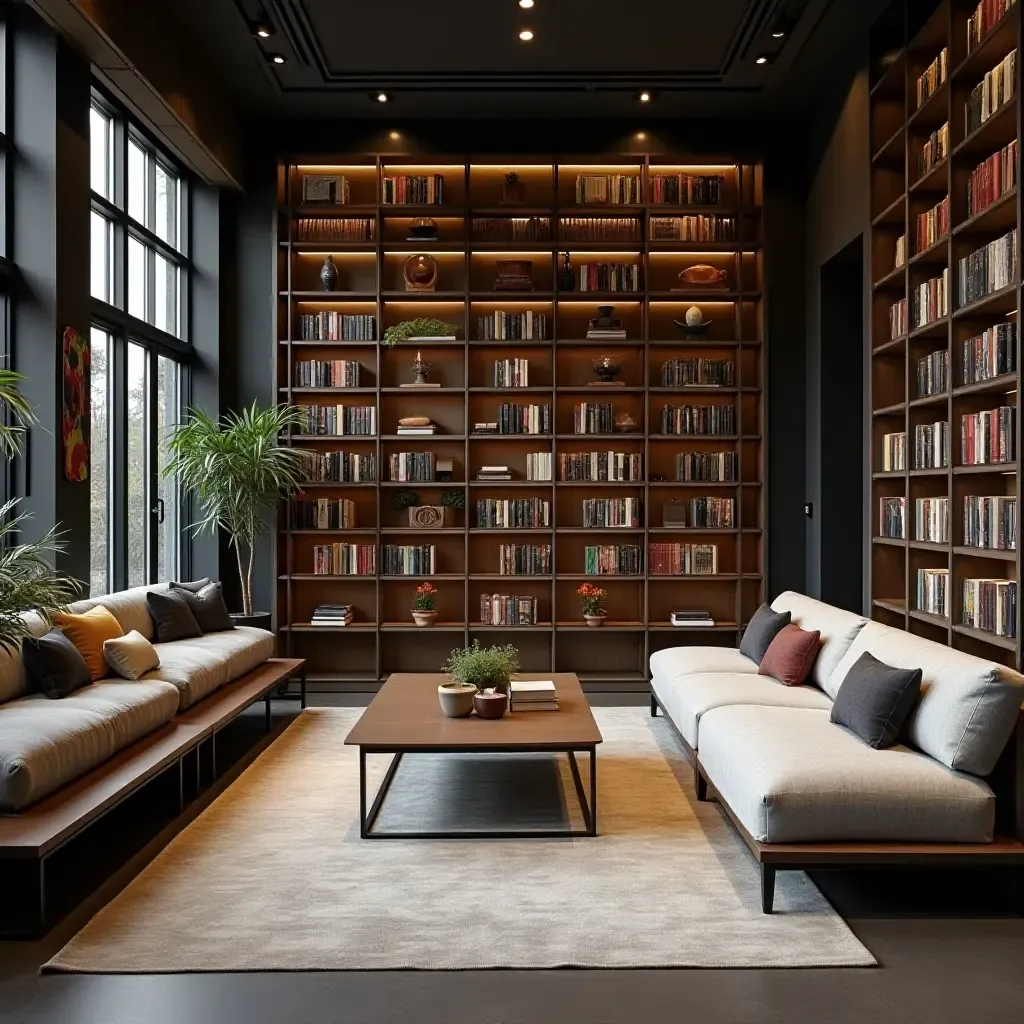 a photo of a library with industrial metal shelves and plush fabric seating