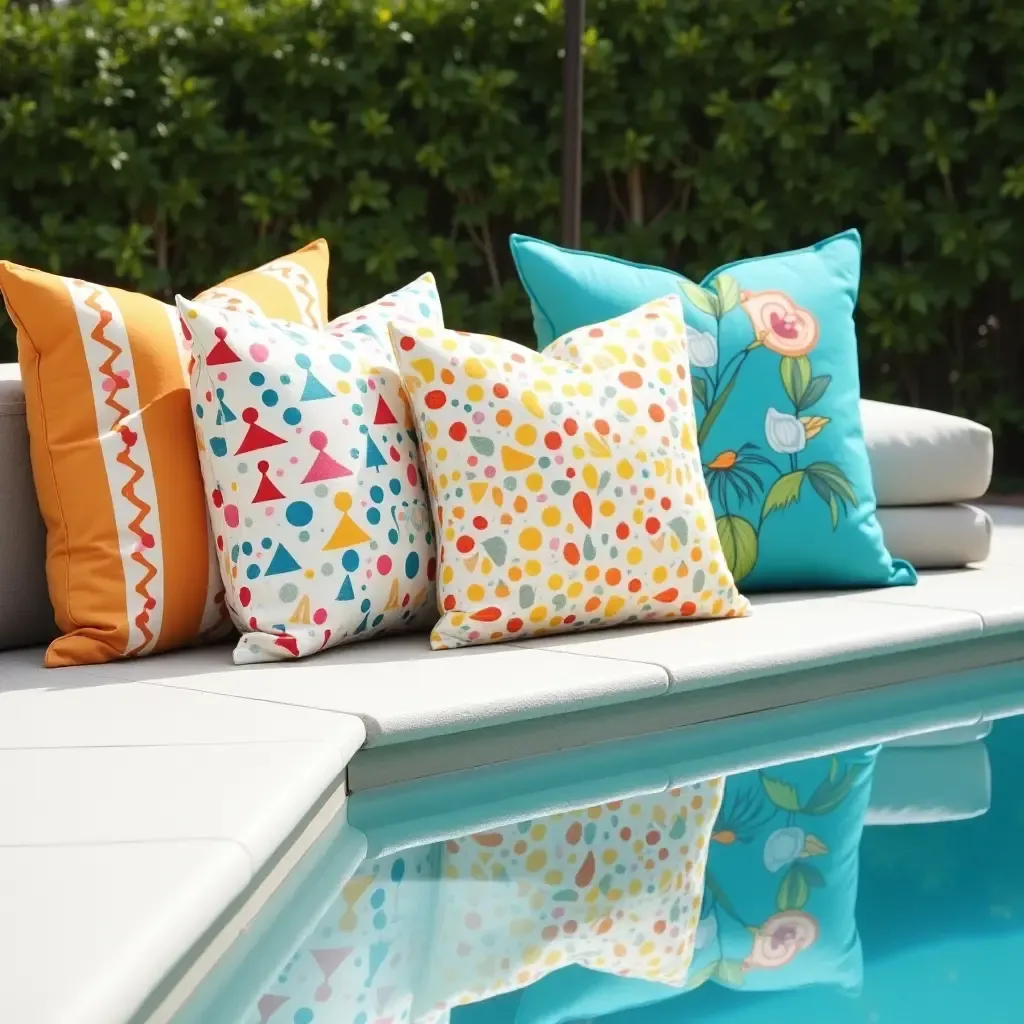 a photo of whimsical throw pillows with fun designs by the pool