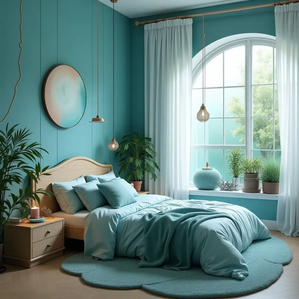 a photo of a magical mermaid-themed bedroom with ocean hues