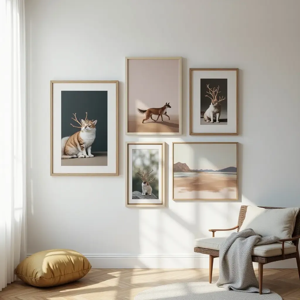 a photo of a gallery wall featuring a mix of paintings and photographs