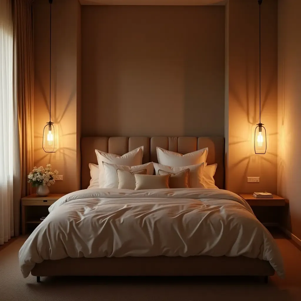 a photo of a romantic bedroom with soft pendant lighting for a cozy feel