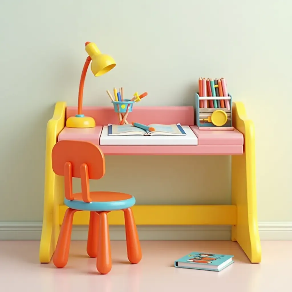 a photo of a colorful children&#x27;s study desk with fun learning tools