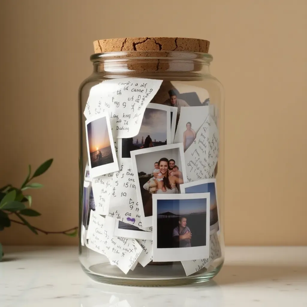 a photo of a memory jar filled with printed photos and notes