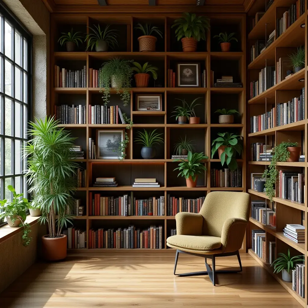 a photo of a library with wooden shelves filled with plants and books