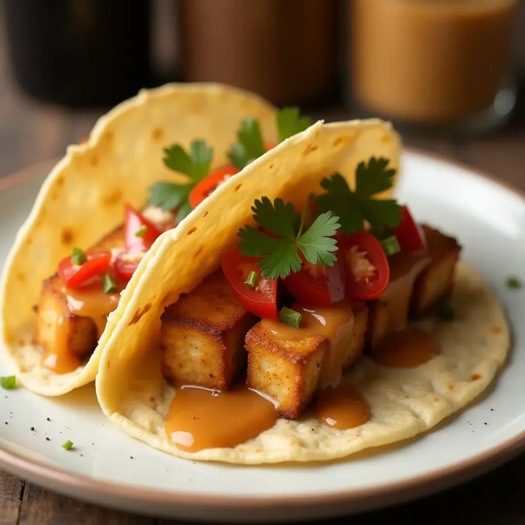 a photo of a taco layered with crispy tofu and tangy peanut sauce