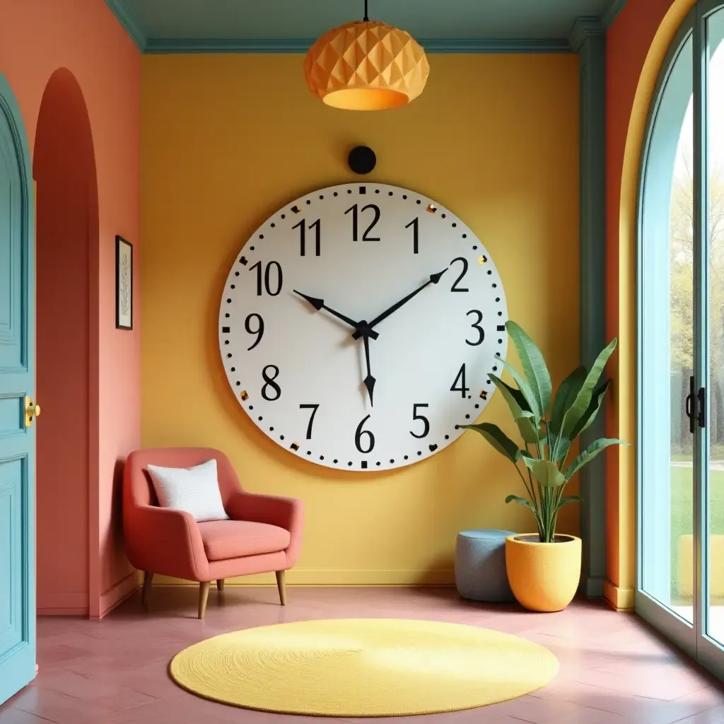 a photo of a whimsical entrance hall with a giant wall clock and playful colors