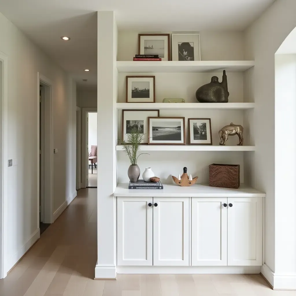 a photo of open shelving in a hallway featuring framed photos and unique trinkets