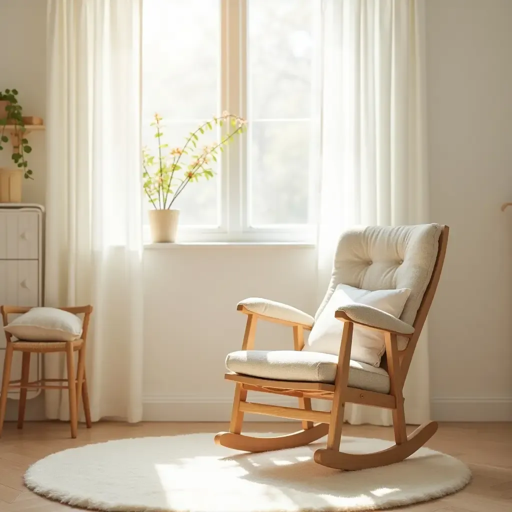 a photo of a classic rocking chair in a sunny nursery