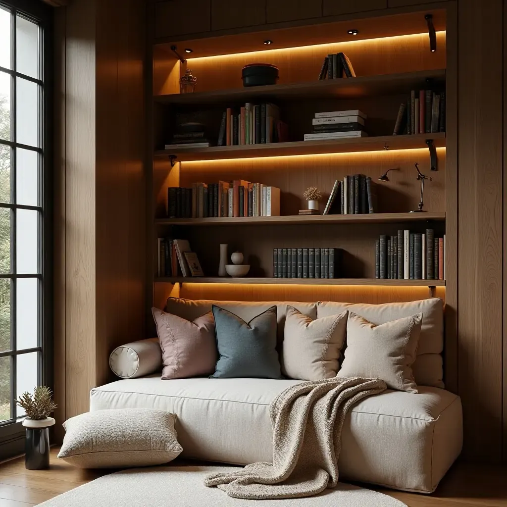 a photo of a cozy reading nook with books and cushions