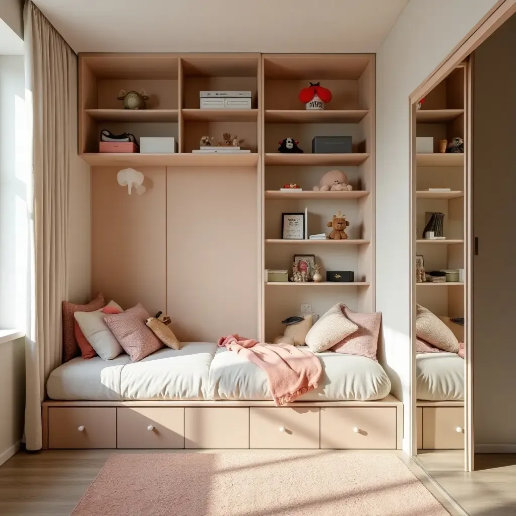 a photo of a vibrant kids&#x27; bedroom with clever storage solutions