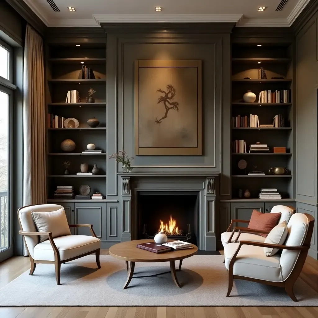 a photo of a library with a cozy fireplace and stylish storage solutions