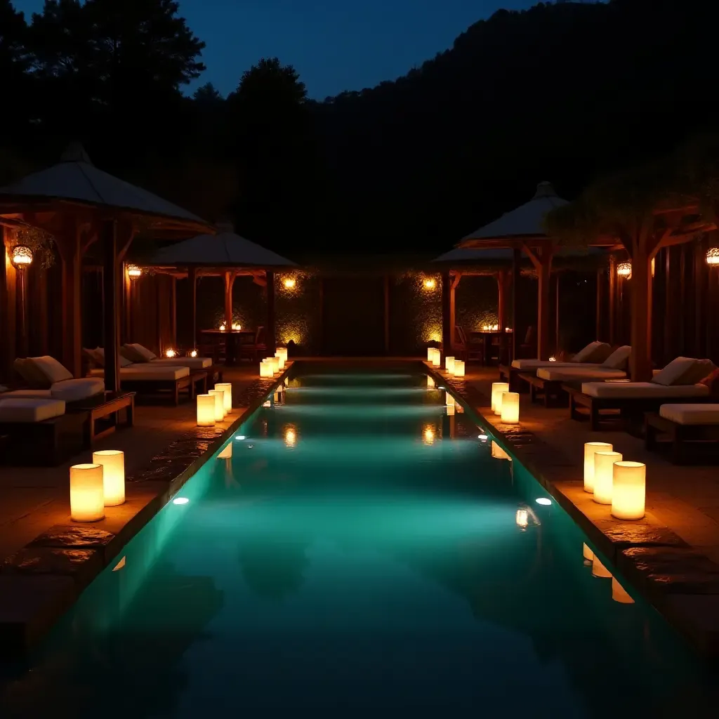 a photo of a rustic pool surrounded by candlelit pathways