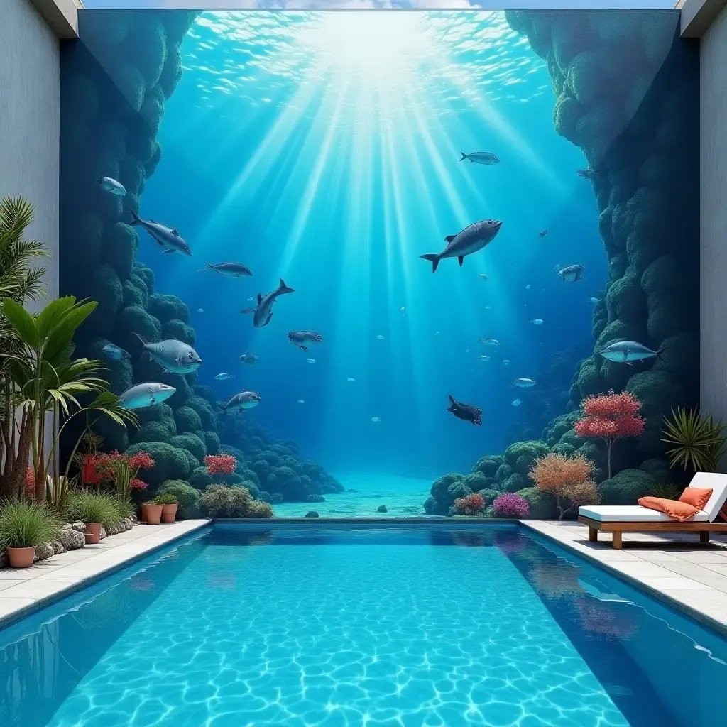 a photo of a stunning underwater scene mural by the pool