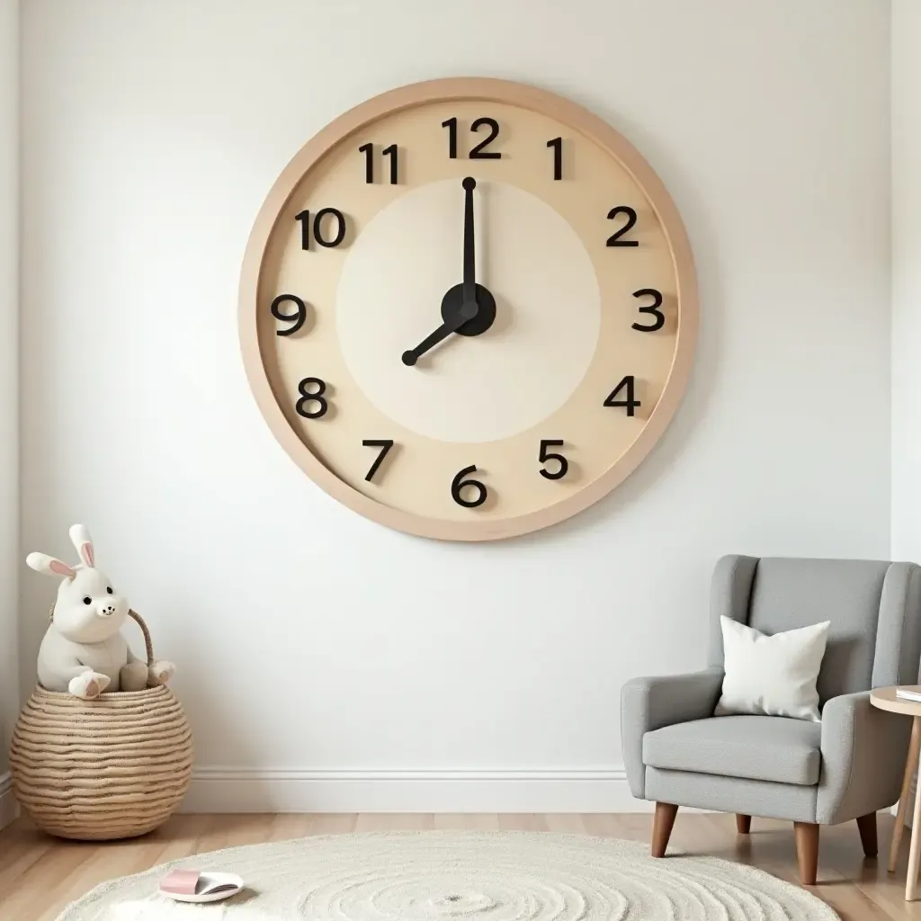 a photo of a playful, oversized clock on the wall in a kid&#x27;s room