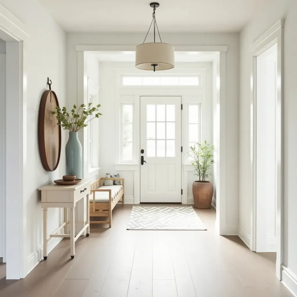 a photo of an entrance hall inspired by coastal themes with light colors and textures