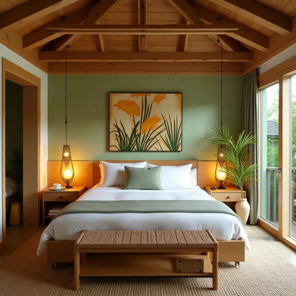 a photo of a tropical-themed bedroom with bamboo accents and bright colors