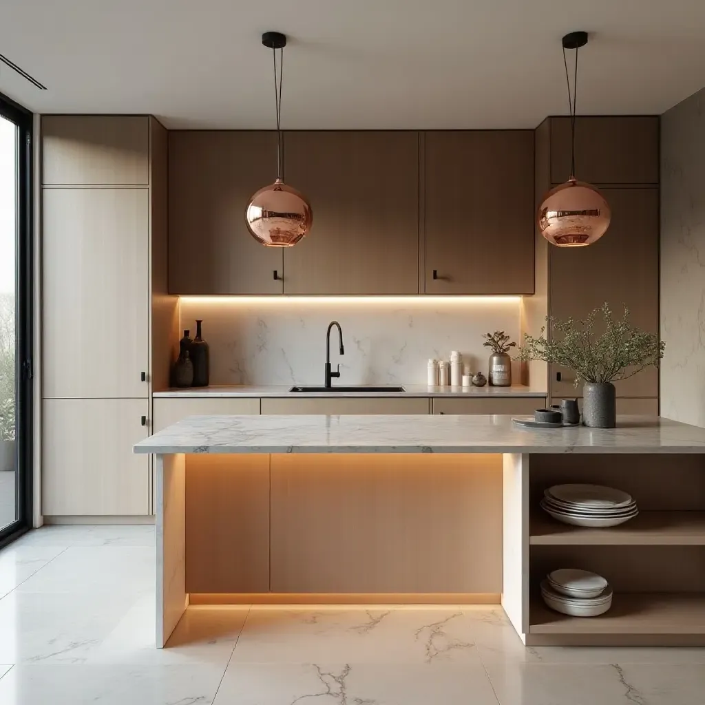 a photo of a minimalist kitchen featuring copper accents