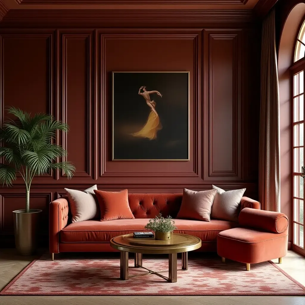 a photo of a luxurious living room with velvet furniture and gold accents