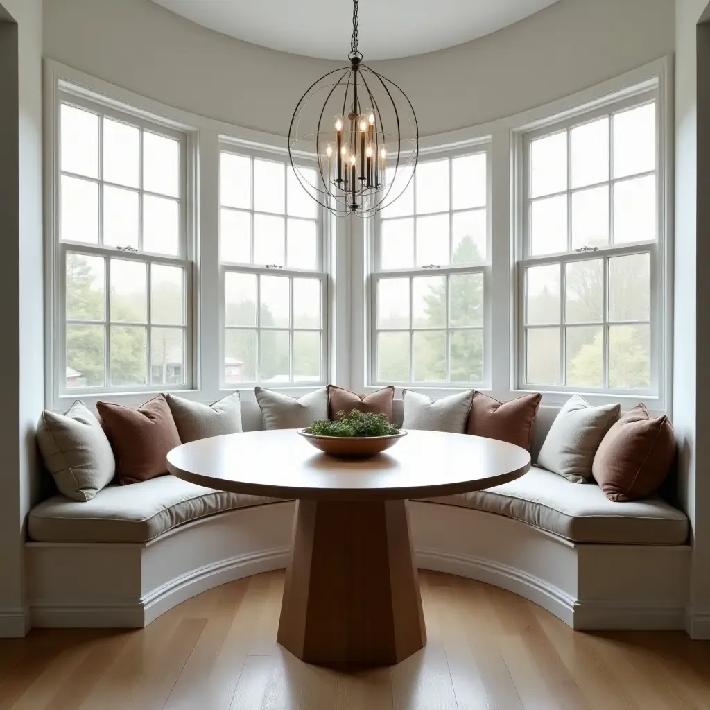 a photo of a breakfast nook with a large round table and comfortable seating