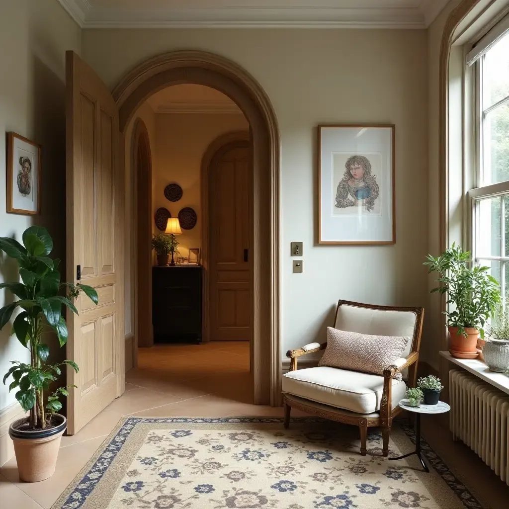 a photo of a charming entrance area with a cozy reading corner and plants