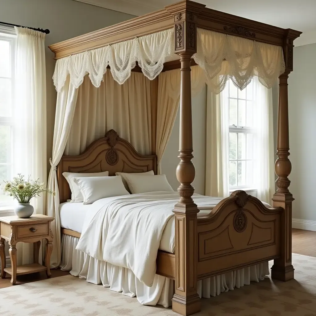 a photo of a vintage canopy bed with intricate carvings and lace curtains