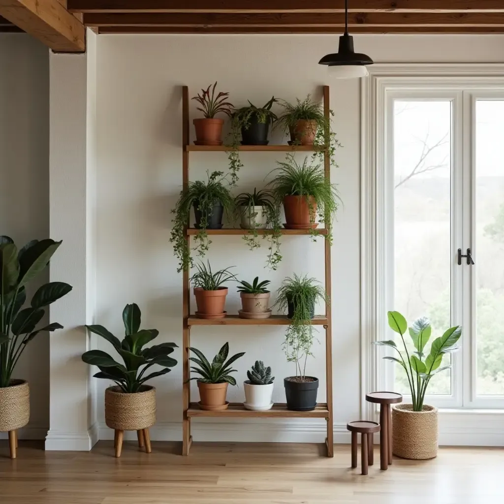 a photo of a basement with a DIY plant ladder shelf display