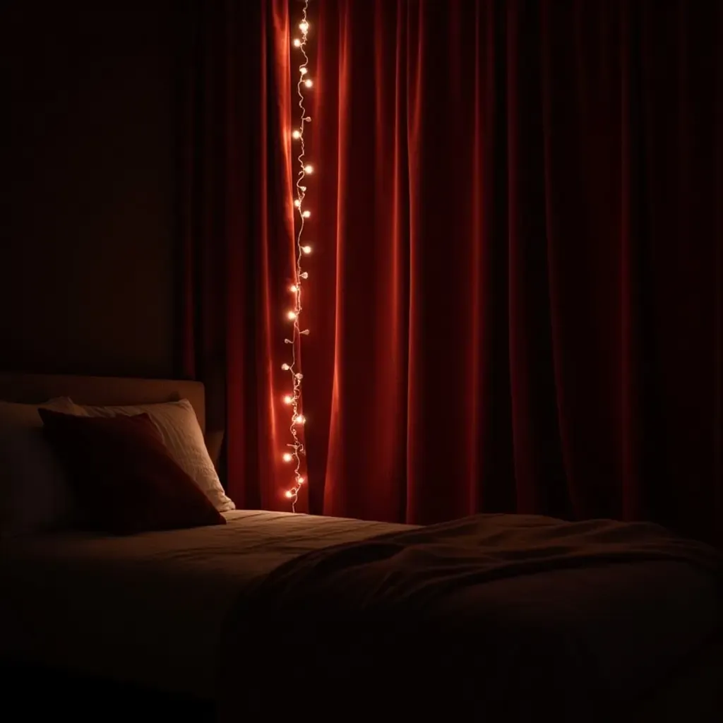 a photo of a dark bohemian bedroom with velvet curtains and fairy lights