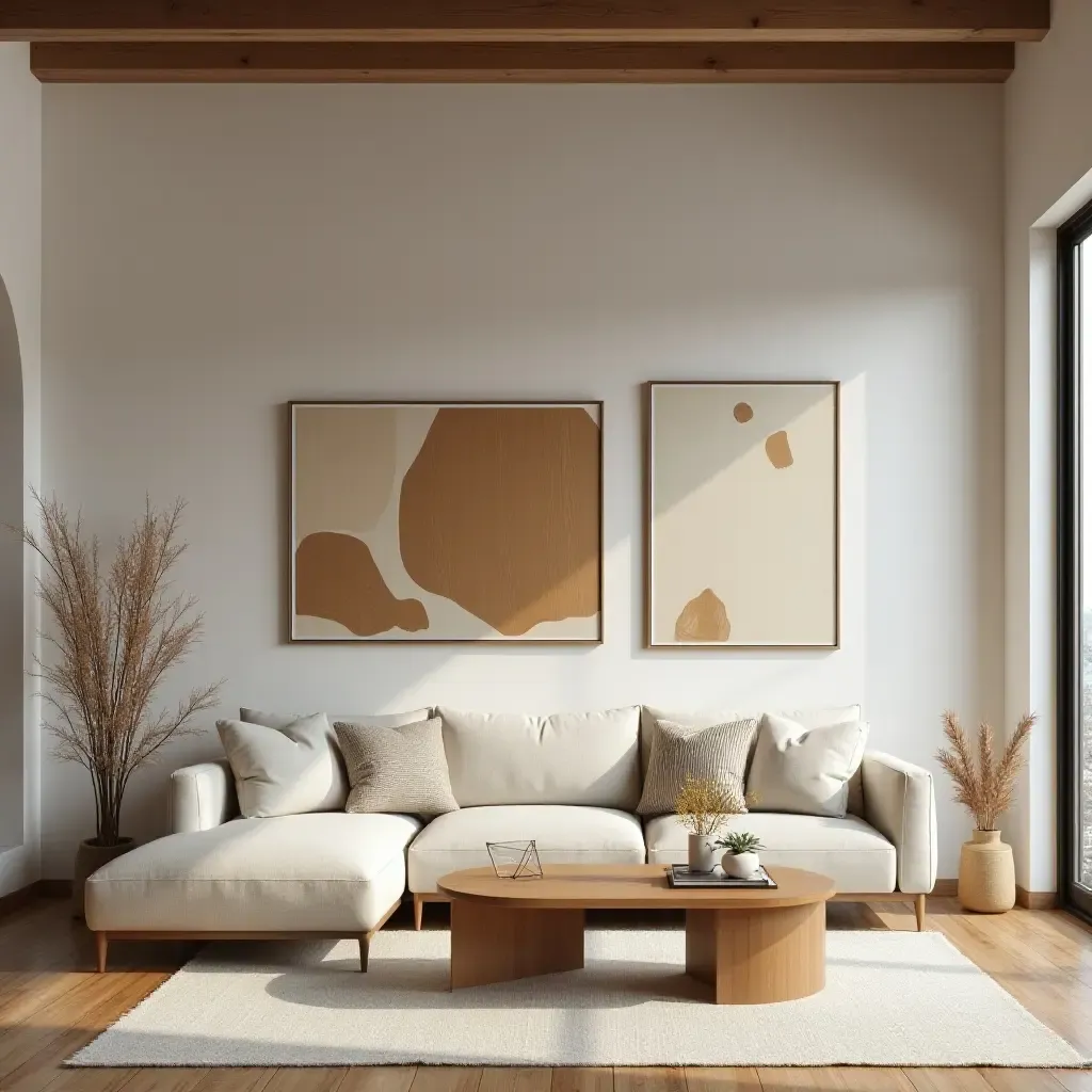 a photo of a living room with wooden art pieces and a welcoming atmosphere