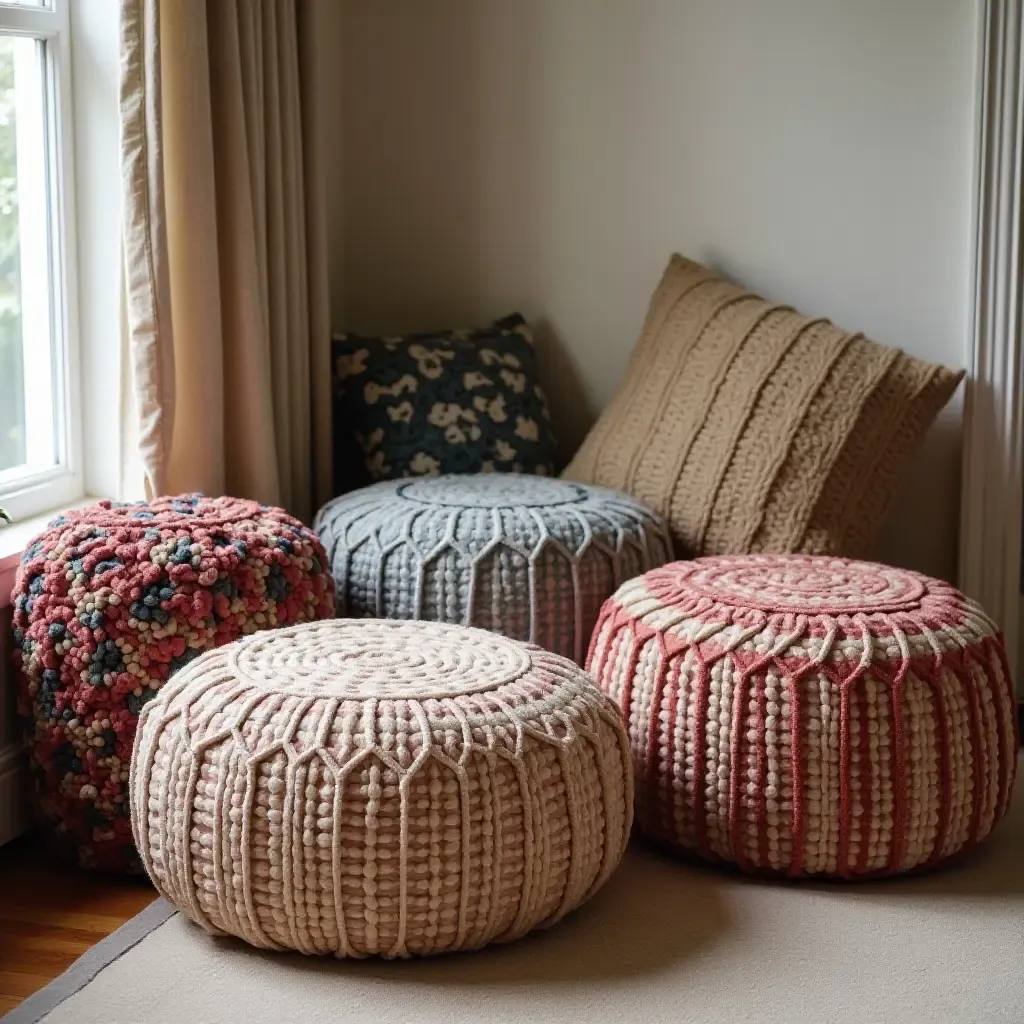 a photo of a mix of patterned poufs as casual seating options