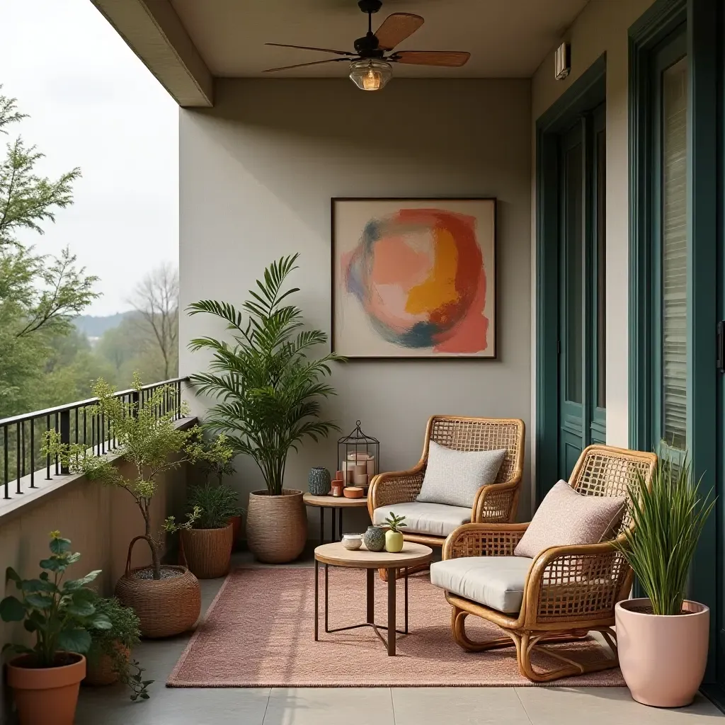 a photo of a balcony decorated with a mix of textures and colors