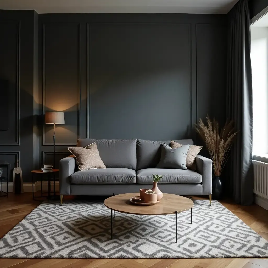 a photo of a dark grey living room showcasing a bold geometric rug and stylish coffee table