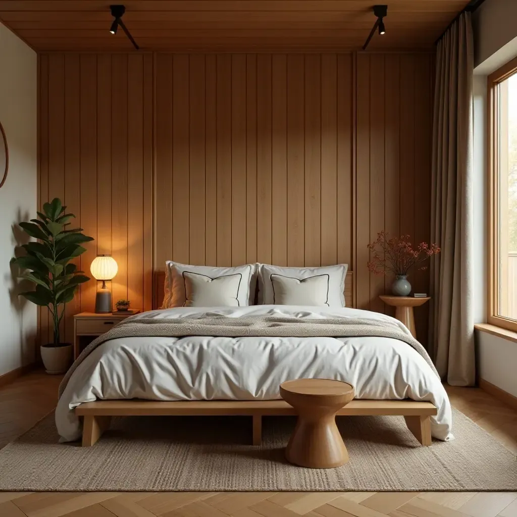 a photo of a cozy bedroom with wooden elements and warm tones