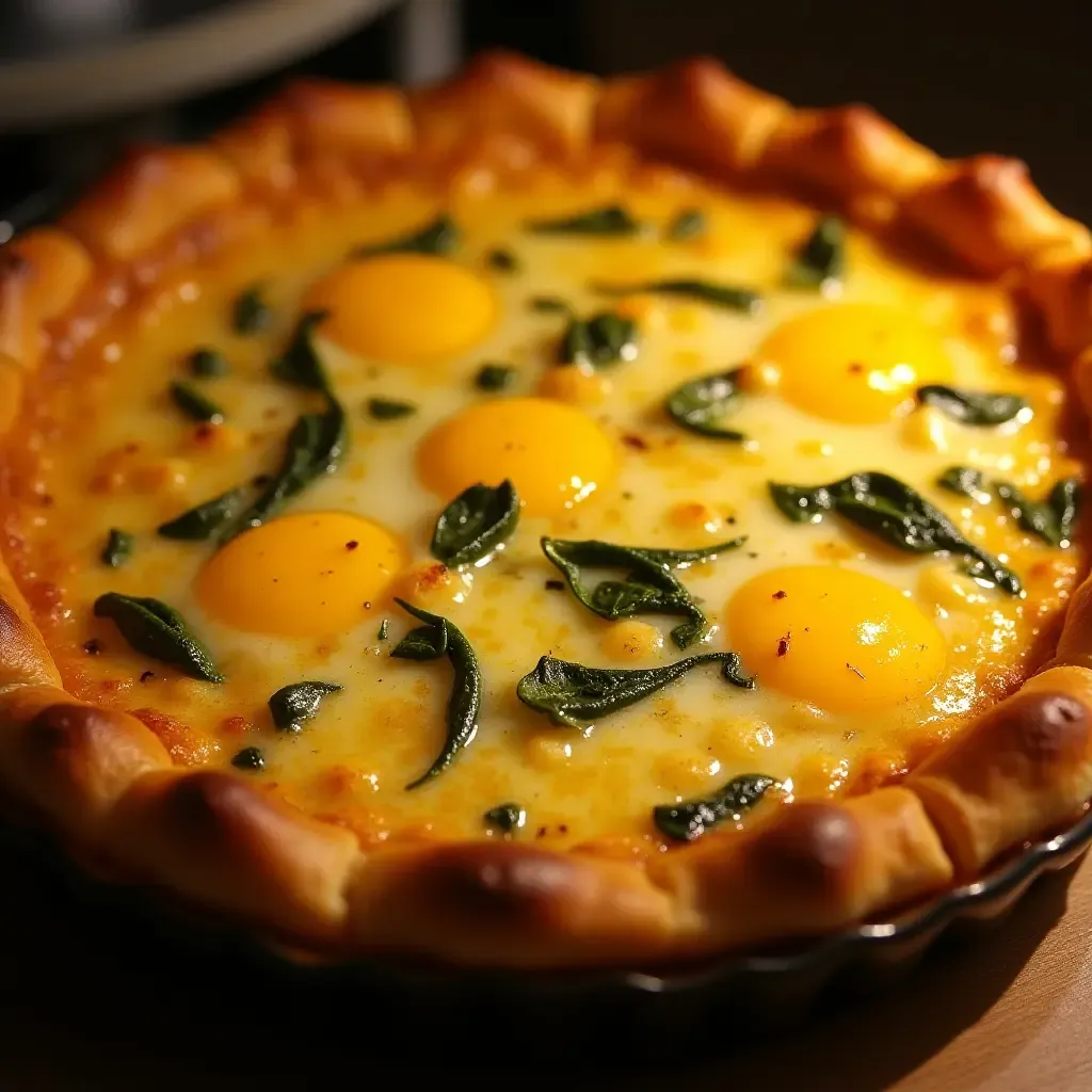 a photo of a savory quiche with eggs, cheese, and vegetables, fresh from the oven.