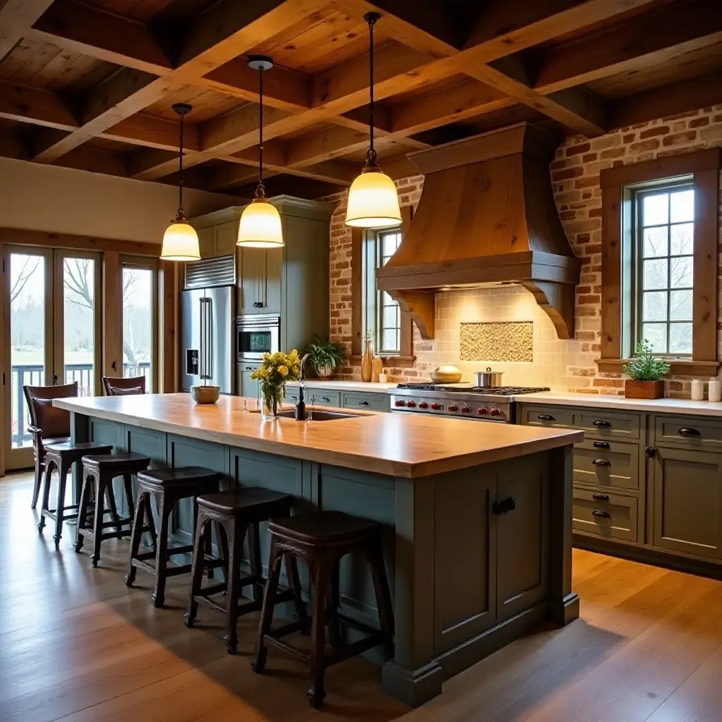 a photo of a rustic kitchen with a large farmhouse table and pendant lights