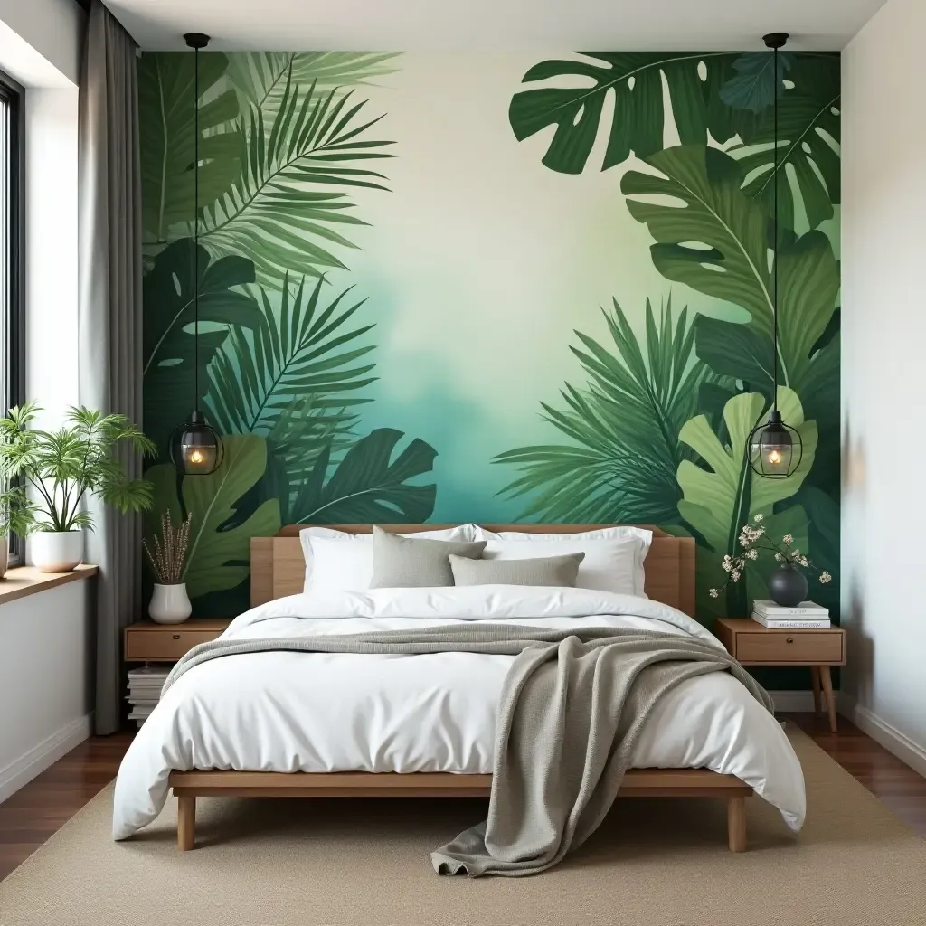 a photo of a vibrant bedroom with a plant wall mural