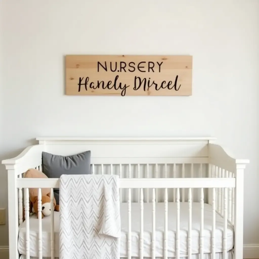 a photo of a nursery featuring a handcrafted wooden sign and playful decor