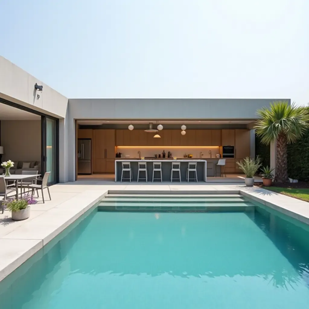 a photo of a minimalist pool area with a simple outdoor kitchen and dining