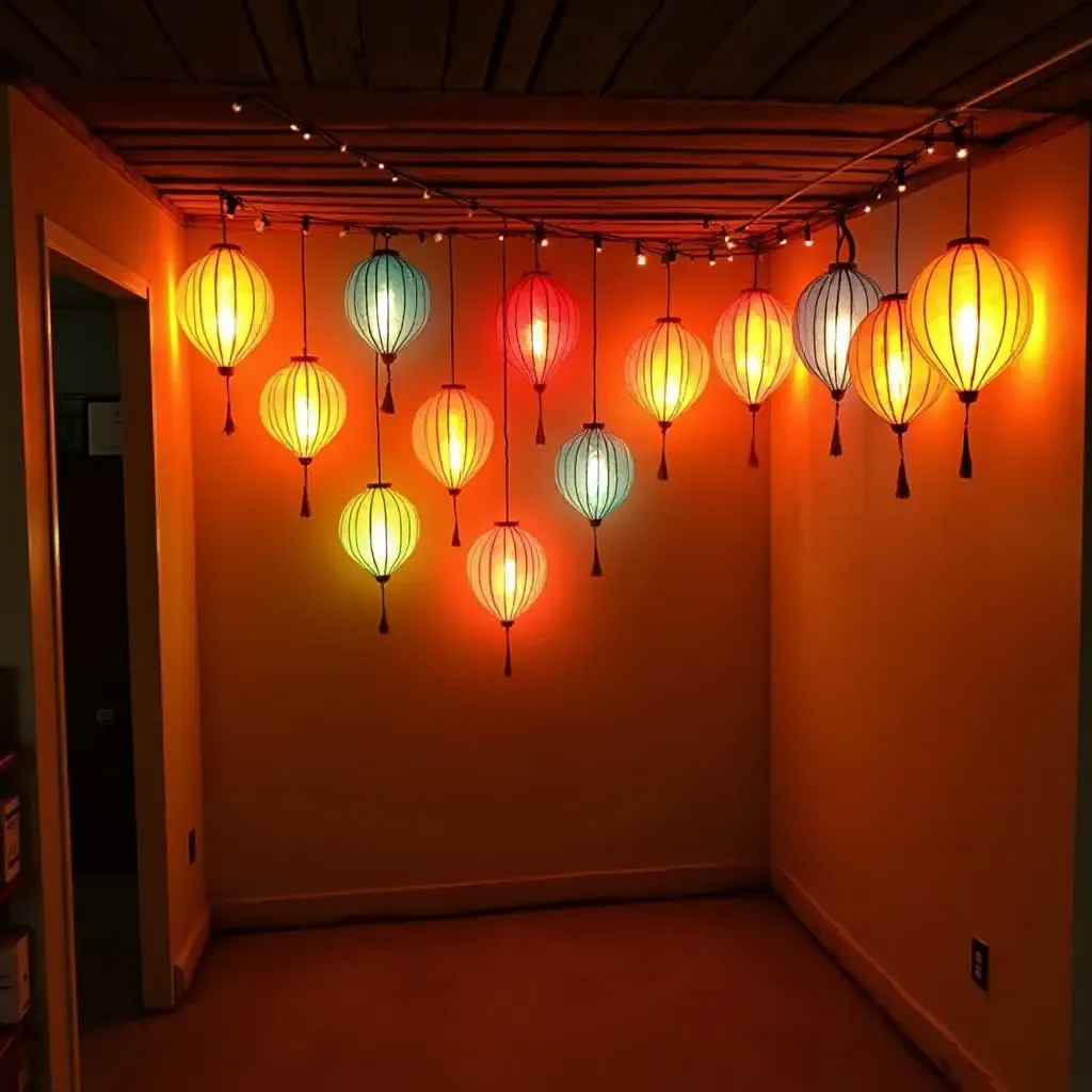 a photo of a basement wall adorned with a series of colorful paper lanterns