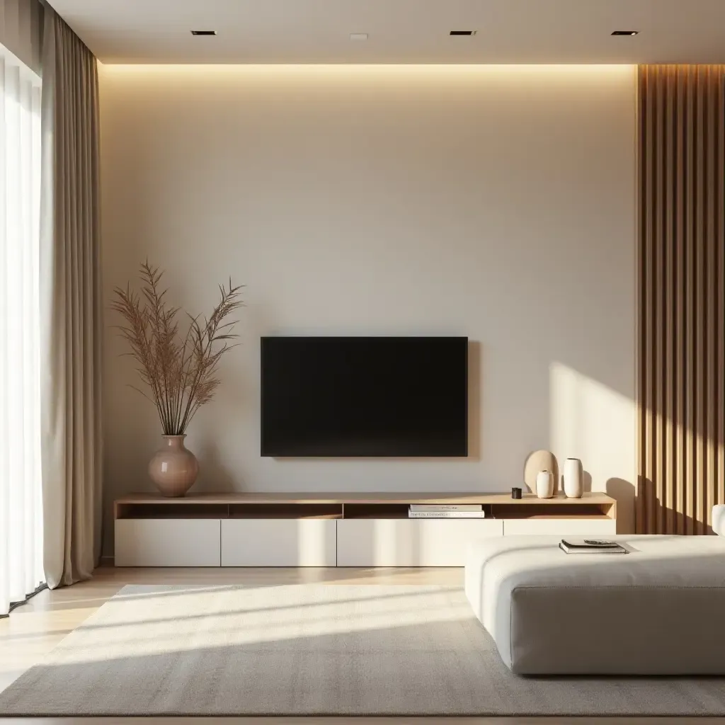 a photo of a zen-inspired TV room with calming colors and minimalist decor