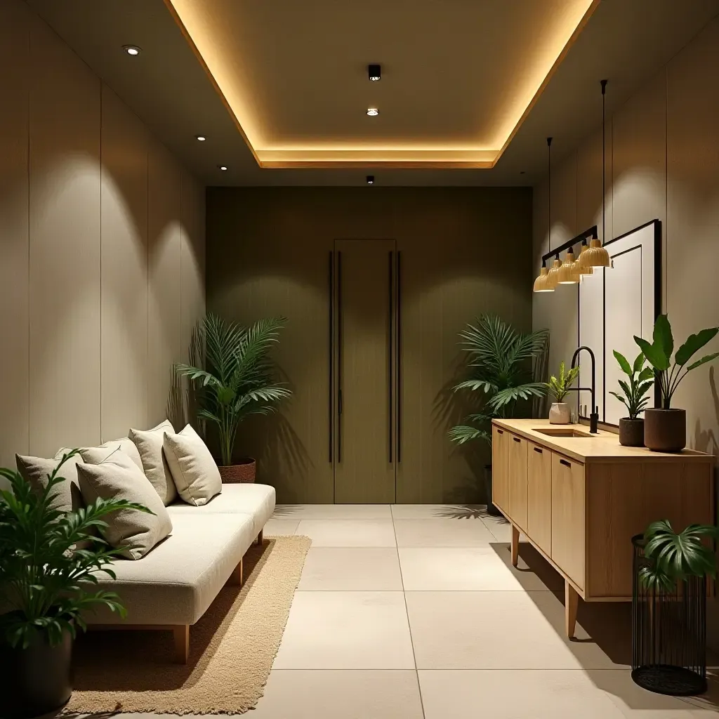 a photo of an eco-friendly basement with sustainable materials and green decor