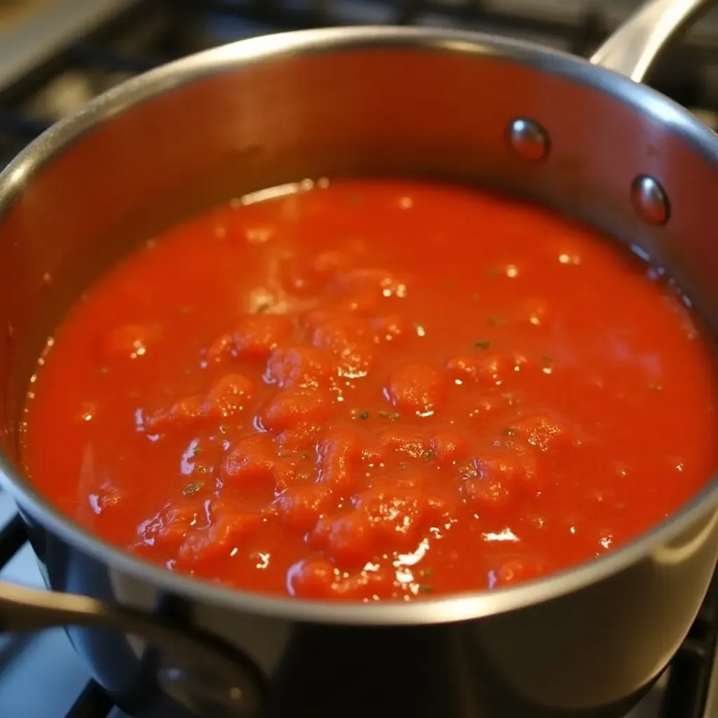 a photo of a simmering pot of tomato sauce with French herb blend on the stove.