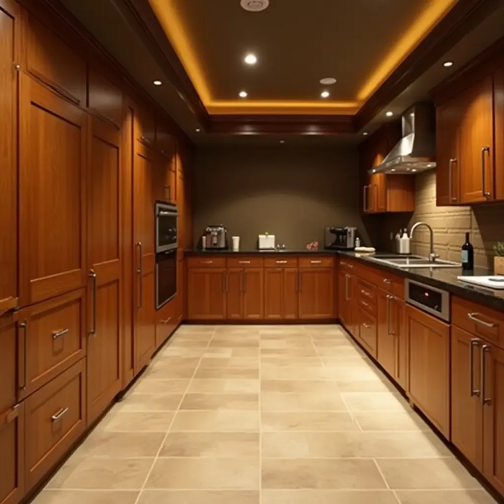 a photo of a basement with wooden cabinetry and warm lighting