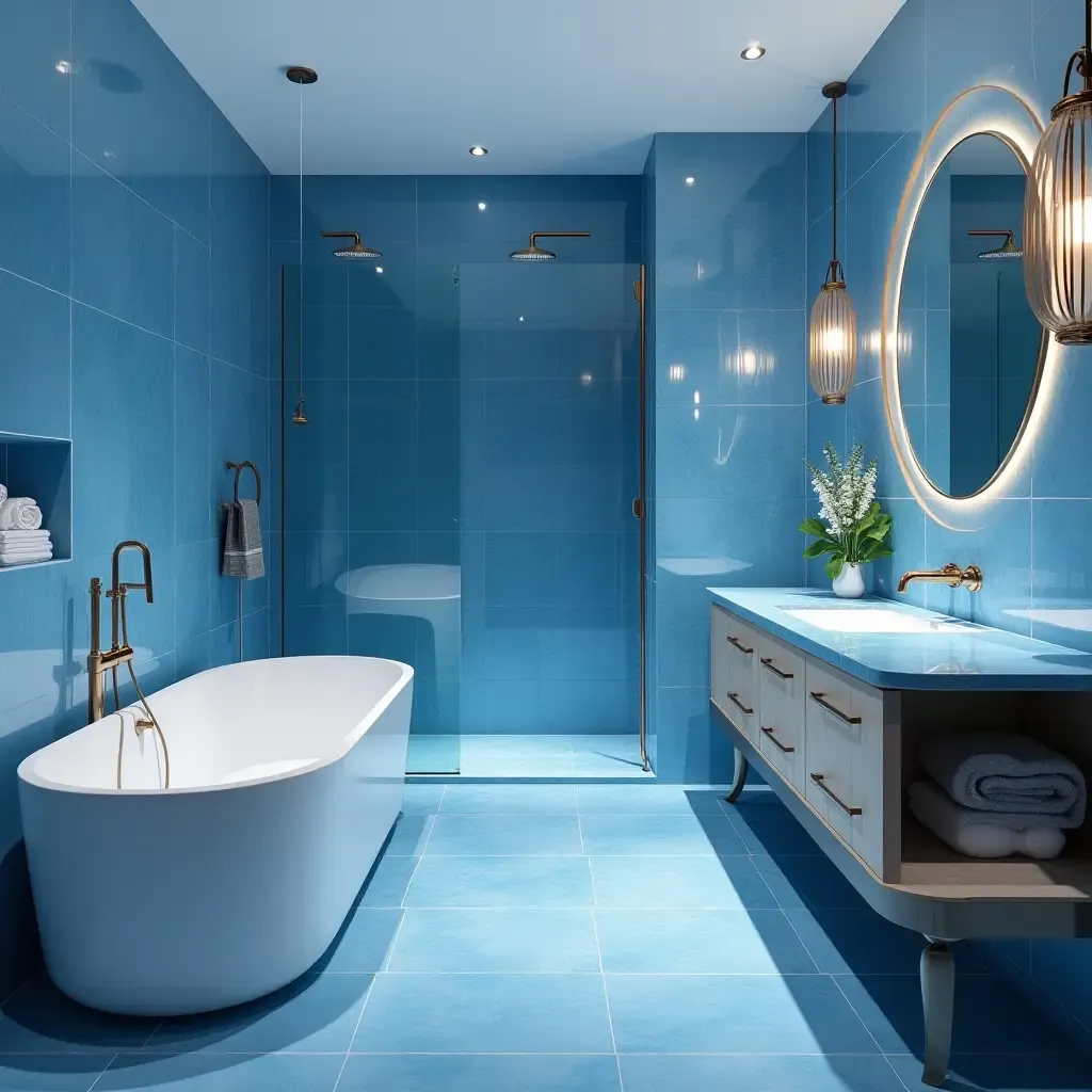 a photo of a spa-like bathroom featuring metallic blue accents and serenity