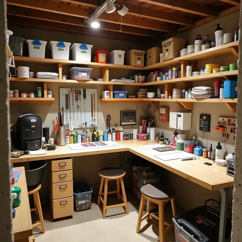 a photo of a basement craft room with organized supplies